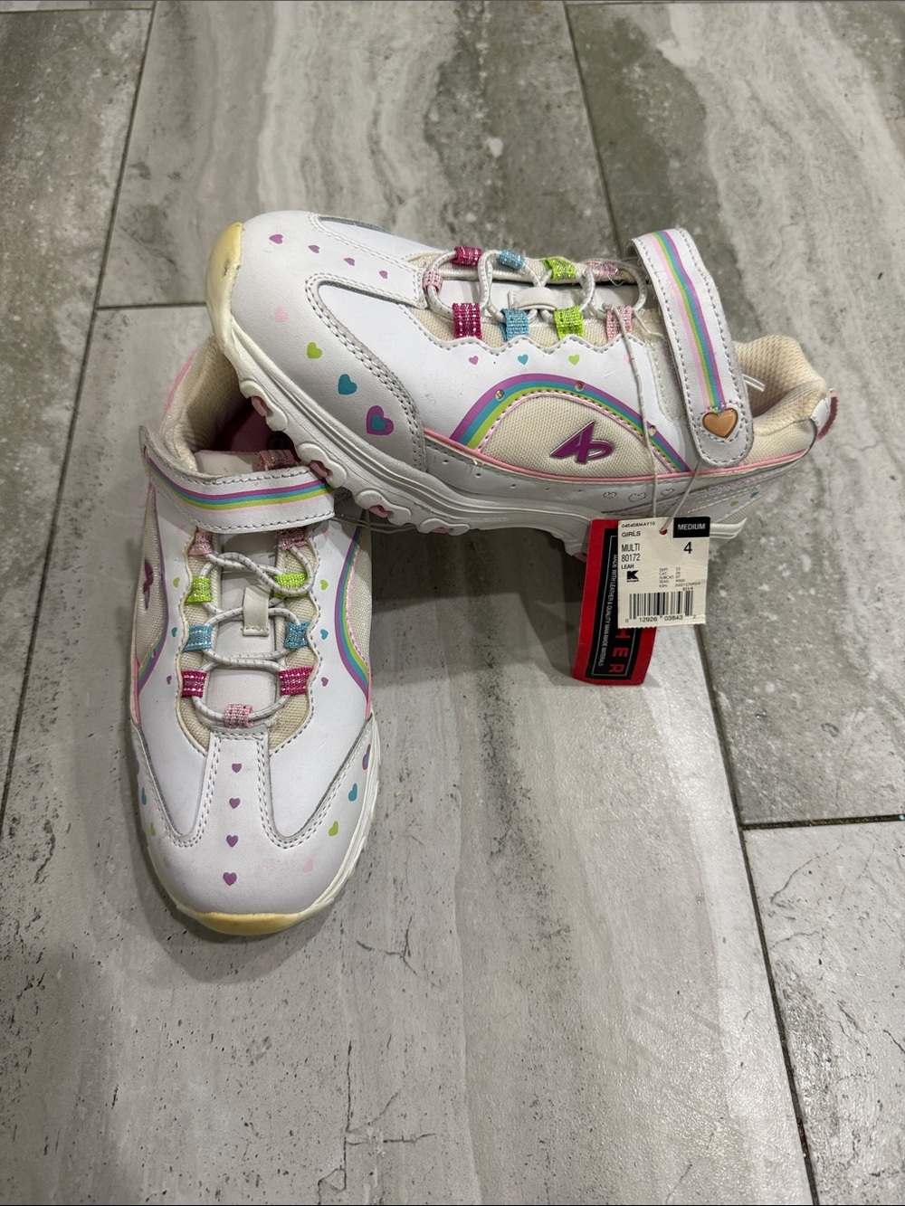 Kids White Sneakers with Multicolor Heart Details and Hook-and-Loop Strap